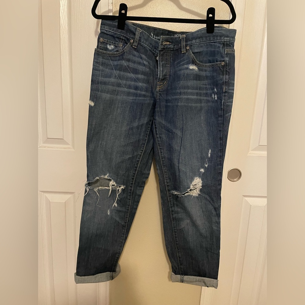LOFT Distressed Dark Wash Boyfriend Jeans